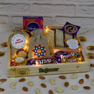 Diwali Special - Kaju Katli, Almond in Potli, Cashew in Potli, Mini Celebrations, Crispello, Fuse, Five Star, Led Light, 6 Diwali Props, Wooden Tray with 2 Designer Diyas and Laxmi-Ganesha Coin