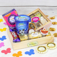 Diwali Delights Hampers - Kaju Mix, Ferrero Rocher 4 Pcs, Mini Celebrations, Mini Oreo, Fuse, Led Light, 4 Diwali Props, Wooden Tray with 2 Decorative Golden Diyas and Laxmi-Ganesha Coin 