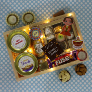 Perfect Combo - Kaju Mix, Almond in Tin, Cashew in Tin, Ferrero Rocher 4 Pcs, Fuse, Led Light, 4 Diwali Props, Wooden Tray with 2 Decorative Golden Diyas and Laxmi-Ganesha Coin