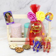 Royal Diwali Gift - Almond in Tin, Cashew in Tin, Raisin in Tin, 3 Diwali Props, Wooden Basket with 2 Decorative Elephant Golden Diya and Laxmi-Ganesha Coin