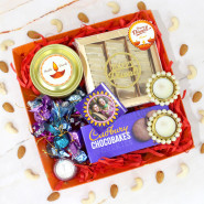 Royal Delight - Kaju Katli, Almond & Cashew in Tin, Cadbury Chocobakes Cookies, Homemade Chocolates, Led Light, 4 Diwali Props, Kraft Paper Tray with 2 Decorative Golden Diyas and Laxmi-Ganesha Coin