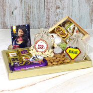 Sweet N Healthy Bhai Dooj Hamper - Kaju Mix, Almonds in Potli, Cashews in Potli, 4 Hand Made Chocolates with Bhai Dooj Stickers, Dairy Milk Silk, 4 Bhai Dooj Props, Elegant Golden Gift Box with Sleeve with Bhaidooj Tikka and Laxmi-Ganesha Coin