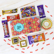 Special Diwali Delightful Gifts Box - Dairy Milk Crispello, Fuse, Dairy Milk, Five Star, Kit Kat, Gems, 2 Hand Made Chocolates with Diwali Stickers, 5 Diwali Props, Decorative Handcrafted Red Box with Clasp with Decorative Diyas and Laxmi-Ganesha Coin