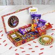 Special Diwali Delightful Gifts Box - Dairy Milk Crispello, Fuse, Dairy Milk, Five Star, Kit Kat, Gems, 2 Hand Made Chocolates with Diwali Stickers, 5 Diwali Props, Decorative Handcrafted Red Box with Clasp with Decorative Diyas and Laxmi-Ganesha Coin