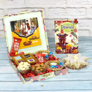 Grand Diwali Gifts Box - Kaju Katli, Almonds in Pocket, Cashews in Pocket, 2 Kit Kat, 4 Hand Made Chocolates with Diwali Stickers, Personalized Exquisite Handcrafted Fancy Box with 2 Decorative Diyas and Laxmi-Ganesha Coin