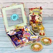 Divine Diwali Chocolate Gifts Box - Dairy Milk Silk, Fruit & Nut, Crispello, Crackle, 4 Hand Made Chocolates with Stickers, 2 Dairy Milk, 2 Kit Kat, 2 Perk, Five Star, Ganesh Idol, 7 Diwali Props, Fancy Box with 2 Decorative Diya and Laxmi-Ganesha Coin