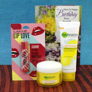 Lakme & Garnier Skin Hamper - Lakme Lip Love, Garnier Fairness Face Wash, Garnier Light Complete Serum Cream and Card