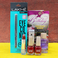 Lakme Stunning Beauty Hamper - Lakme Eyeconic Kajal, 2 Lakme Nail Polish, Lakme Enrich Satin Lipstick, Lakme Nail Color Remover and Card