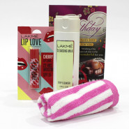 Lakme Wonderful Combo - Lakme Lip Love, Lakme Cleansing Milk, Pink Hand Towel and Card
