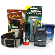 For My Bf - Leather Black Belt, Gillette Series After Shave Splash, Gillette Vector Razor, Gillette Foam, Garnier Face Wash and Card