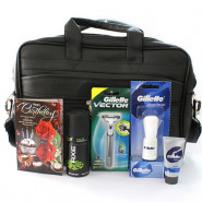 Love Filled - Black Leather Office Bag, Gillette Series Shave Gel, AXE Deo, Gillette Vector Razor, Gillette Shave Brush and Card