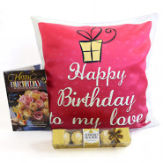 Golden Combo - Happy Birthday Personalized Photo Cushion, Ferrero Rocher 4 pcs and Card