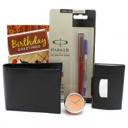 Brother's Gift - Leather Black Wallet, Table Clock, Parker Beta Premium Roller Ball Pen, Visiting Card Holder and Card