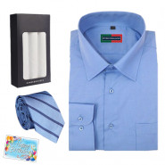 Triple Delight - Peter England Full Sleeve Blue Shirt, Tie, Set of 3 Bonjour Hankerchiefs and Card