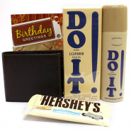 Close Friend - Hershey's Cookies n Crème, Leather Brown Wallet, Lomani DO It Perfume, Lomani Do It Deo and Card