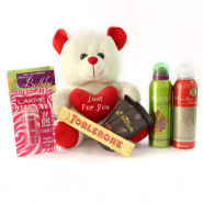 Soft Love - Teddy 8 inches, Toblerone, 2 Bournville, 2 Rasasi Deo, Lakme Lip Love Balm and Card