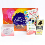 Complete Celebration - Cadbury Celebrations, Complete Protection (Garnier Anti Wrinkle Cream, Olay Total Effects, Ponds White Beauty Anti-Spot SPF 15 PA++ Fairness Cream) and Card