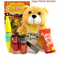 Rakhi Gift - Teddy 6 inches, Maybelline Mascara, Maybelline Liquid Liner, 2 Maybelline Nail Polishes, Kitkat