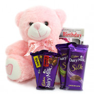 Cute Bubbly - Teddy 6 inches, 2 Dairy Milk Silk, Dairy Milk Fruit and Nut, Dairy Milk Crackle and Card