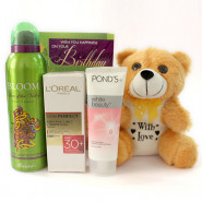 Soft Grooming - Teddy 6 inches, Rasasi Deo, L'Oreal Paris Perfect Skin 30+ Day Cream, Ponds White Beauty Daily Spot-less Lightening Face Wash and Card