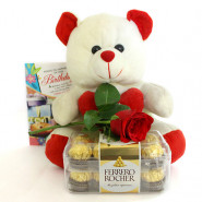 Rose N Love - Teddy 12 inches, Ferrero Rocher 16 Pcs, Artificial Rose and Card