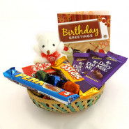 Amazing Choco Hamper - Small Teddy, 3 Dairy Milk, Five Star, Kitkat, Perk, Handmade Chocolate in Basket and Card