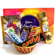 Celebrations Basket - Cadbury Celebrations, Ferrero Rocher 4 Pcs, Snicker, Mars, Twix, Bounty and Card
