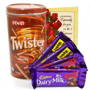 Twisting Nutty - Delfi Twister Chocolate Wafer Roll, 2 Dairy Milk Frunt n Nut, 2 Dairy Milk Crackle and Card