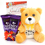 Teddy with Chocolates - 2 Dairy Milk (L), Teddy 6 inch and Card