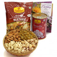 Sweet N Salty - Assorted Dryfruits in Basket, Rasgulla 500 gms Tin, Haldiram Namkeen and Card