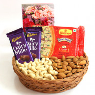 Sweet Assortment - Cashewnuts & Almonds in Basket, Soan Papdi 250 gms, 2 Dairy Milk (L) and Card