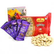 Platable Gift - Cashewnuts, Soan Papdi 250 gms, 5 Dairy Milk and Card