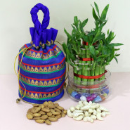 2 Layer Luck - Almond Cashewnuts in Potli, 2 Layer Bamboo Plant and Card