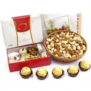 Enjoyable Gift - Assorted Dryfruit in Basket, Kaju Mix 250 gms, Ferrero Rocher 4 pcs and Card