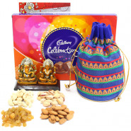 Unmatched Fondness - Assorted Dryfruits in Potli (D), Cadbury Celebrations, Lakshmi Ganesha Idol and Card