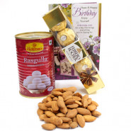 Admirable Tenderness - Almond, Rasgulla 500 gms Tin, Ferrero Rocher 4 pcs and Card