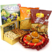 Adoring Gift - Cashew Almond in Box, Kanpuri Laddo 250 gms, 2 Haldiram Namkeen, Decorative Thali and Card