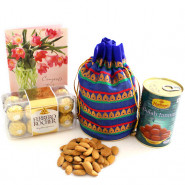 Loved Regard - Almond in Potli (D), Gulab Jamun Tin 500 gms, Ferrero Rocher 16 pcs and Card