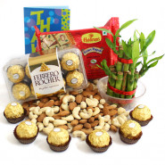 Very Likely - Almonds & Cashews, 2 Layer Bamboo Plant, Ferrero Rocher 16 Pcs, Soan Papdi 250 gms and Card