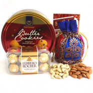 Kaju Badam Crunch - Almonds & Cashews in Potli (D), Dansk Butter Cookies, Ferrero Rocher 16 Pcs and Card