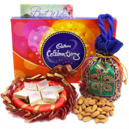 Mighty Fun - Almonds in Potli (D), Cadbury Celebrations, Kaju Katli 250 gms, Decorative Thali and Card