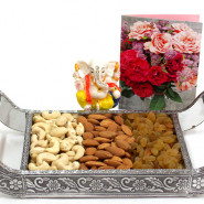 Divine Thali - Almonds & Cashews & Raisins, Decorative Ganesh Idol and Card