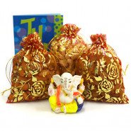 Huge Surprise - Cashew in Potli, Almond in Potli, Raisins in Potli, Decorative Ganesh Idol and Card