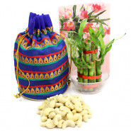 Lucky Potli - Cashew in Potli (D), 3 Layer Bamboo Plant and Card