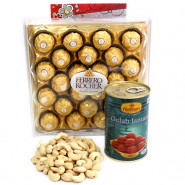 Kaju Jamun - Cashewnuts, Gulab Jamun 500 gms Tin, Ferrero Rocher 24 Pcs and Card