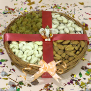 Assorted Divinity - Assorted Dryfruits in Basket, Ganesh Idol and Card