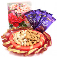 Decorative Choco Treat - Almonds & Pista in Decorative Thali, 5 Dairy Milk and Card