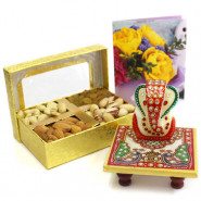 Nutty Chawki - Assorted Dryfruits in Box, Marble Ganesha on Chawki and Card