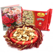 Appitising Hamper - Cashewnuts Almonds in Decorative Thali, Soan Papdi 250 gms and Card