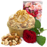 Rosy Assortment - Assorted Dryfruits in Decorative Basket, 1 Artificial Rose and Card